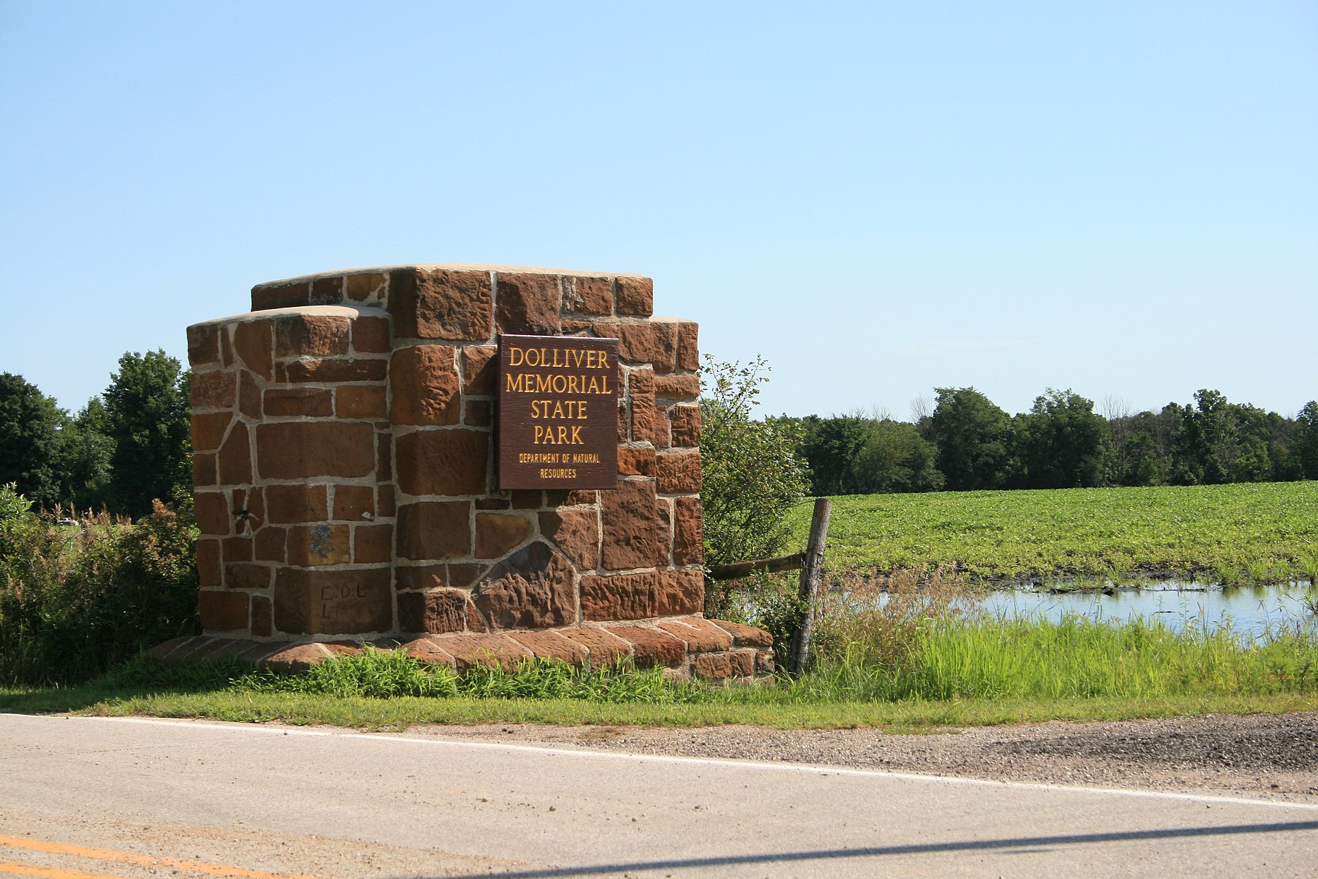 Stone monument built by the CCC at the south entrance to the park.