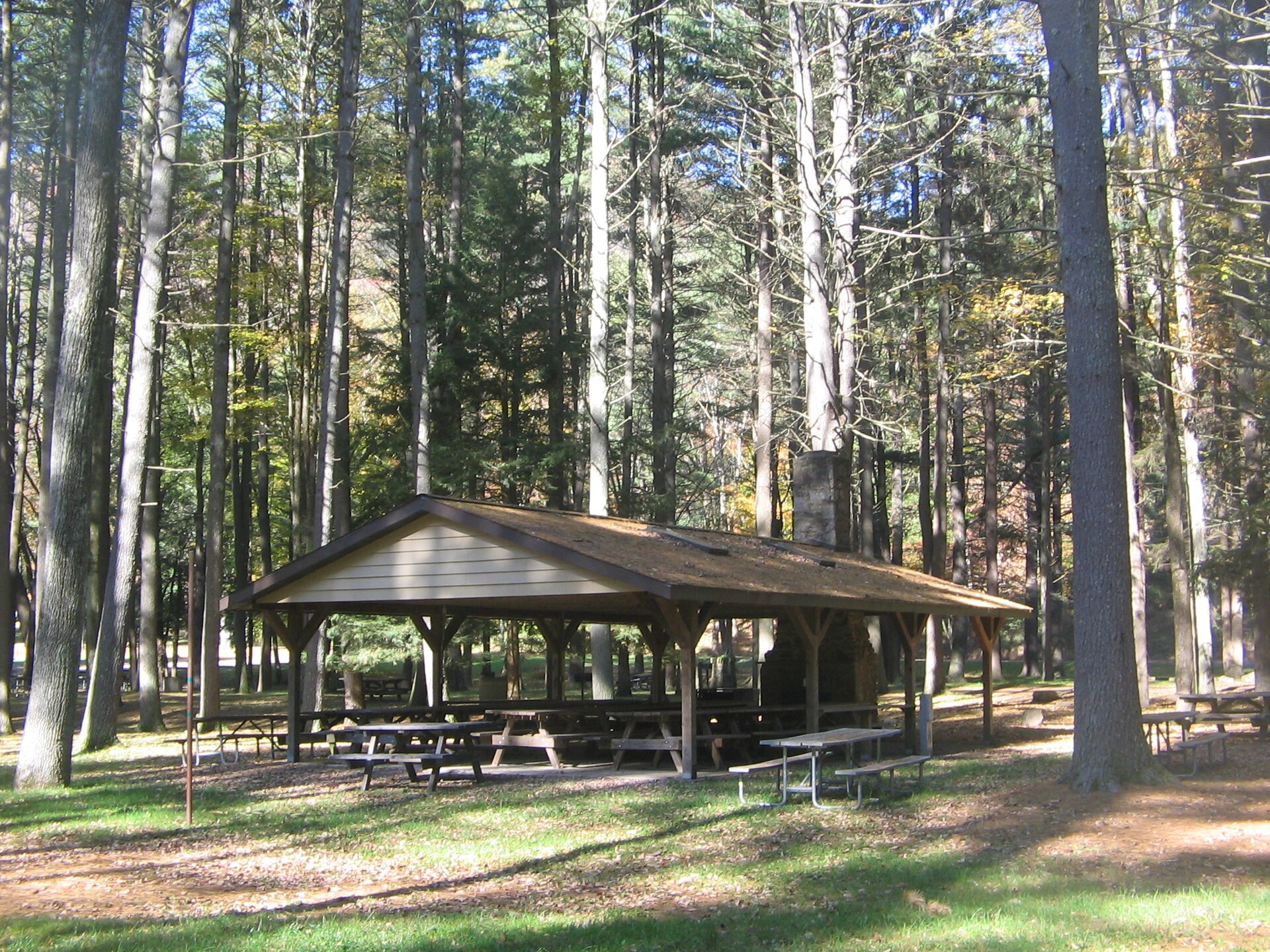 A picnic shelter with a stone fireplace