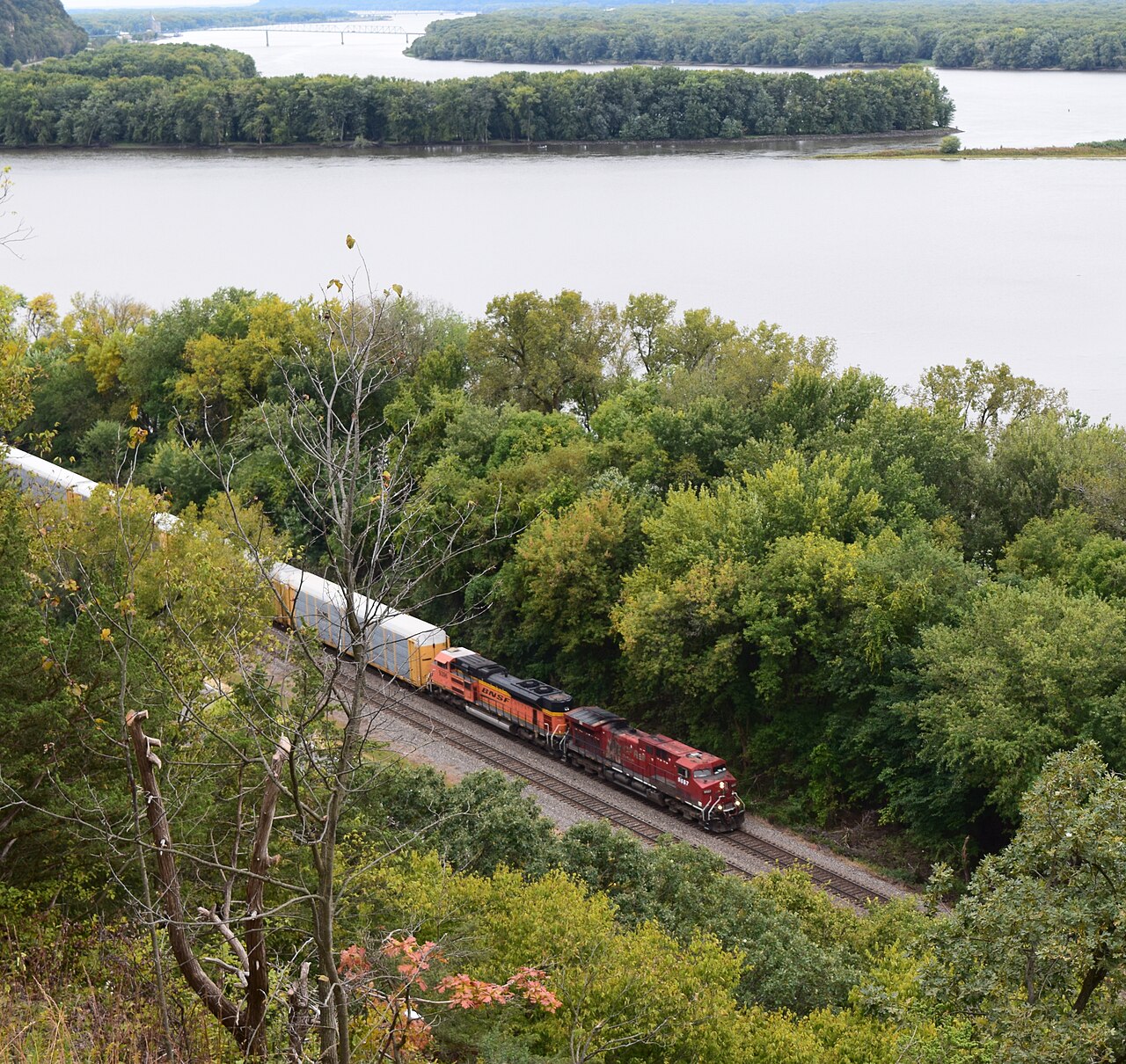 Mississippi River view from Mississippi Palisades State Park near Savanna Illinois. Railroad freight train in the scene. BNSF line