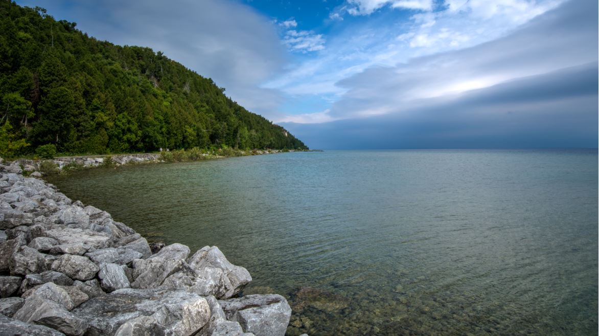The main biking road around Mackinac Island, eastern shore