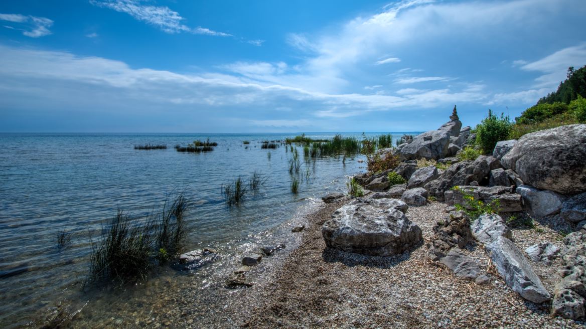 One of many scenic beaches on Mackinac Island