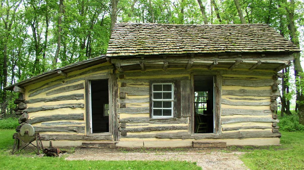 The restored and relocated 1859 Koch Cabin