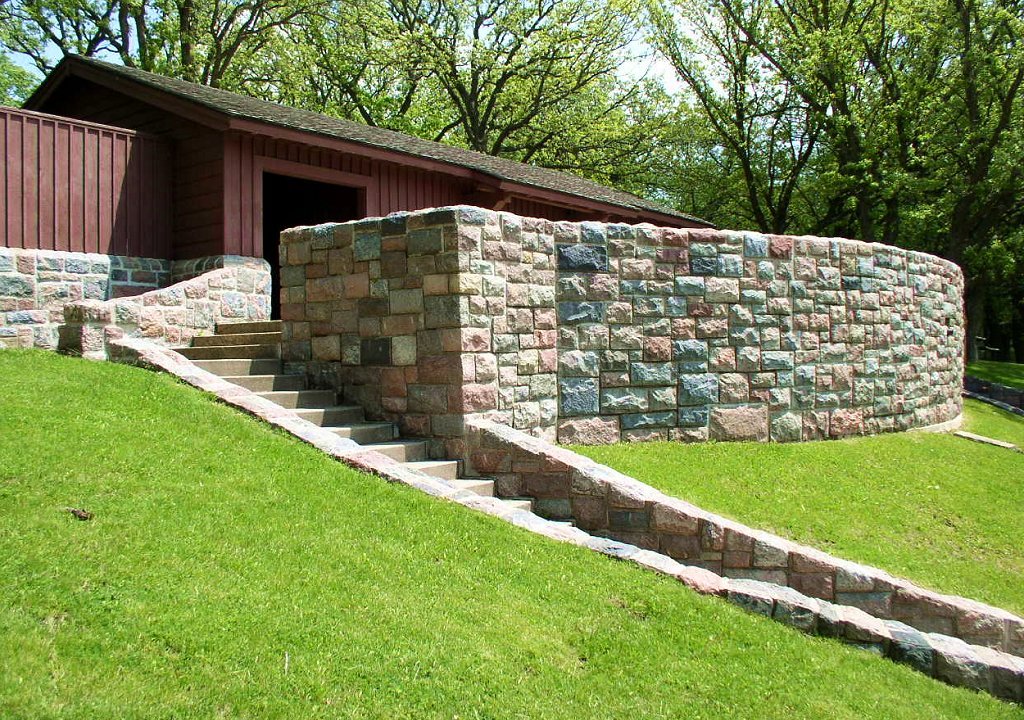 Beachhouse and double staircase to swimming area built by the Works Progress Administration 1939–1940, Lake Shetek State Park, Minnesota, USA